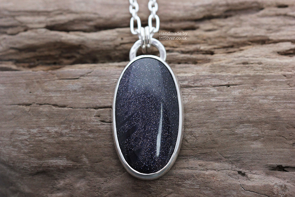 Blue Goldstone Elongated oval wood 1 wm 1024 Blue Goldstone sterling silver pendant, handmade