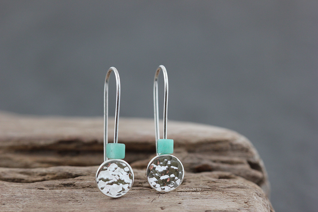 Amazonite Disc Earrings Front wood wm 1024 Amazonite Sterling silver earrings handmade in Folkestone