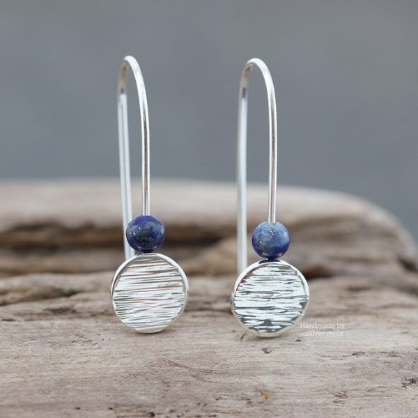 Lapis Lazuli line hammered disc earrings